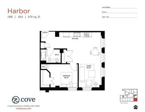Floor plan for 1 bed, 1 bath, 670 sqft